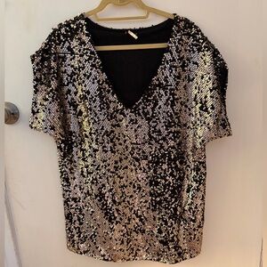 Free People Black and Gold Sequin V-Neck Tunic